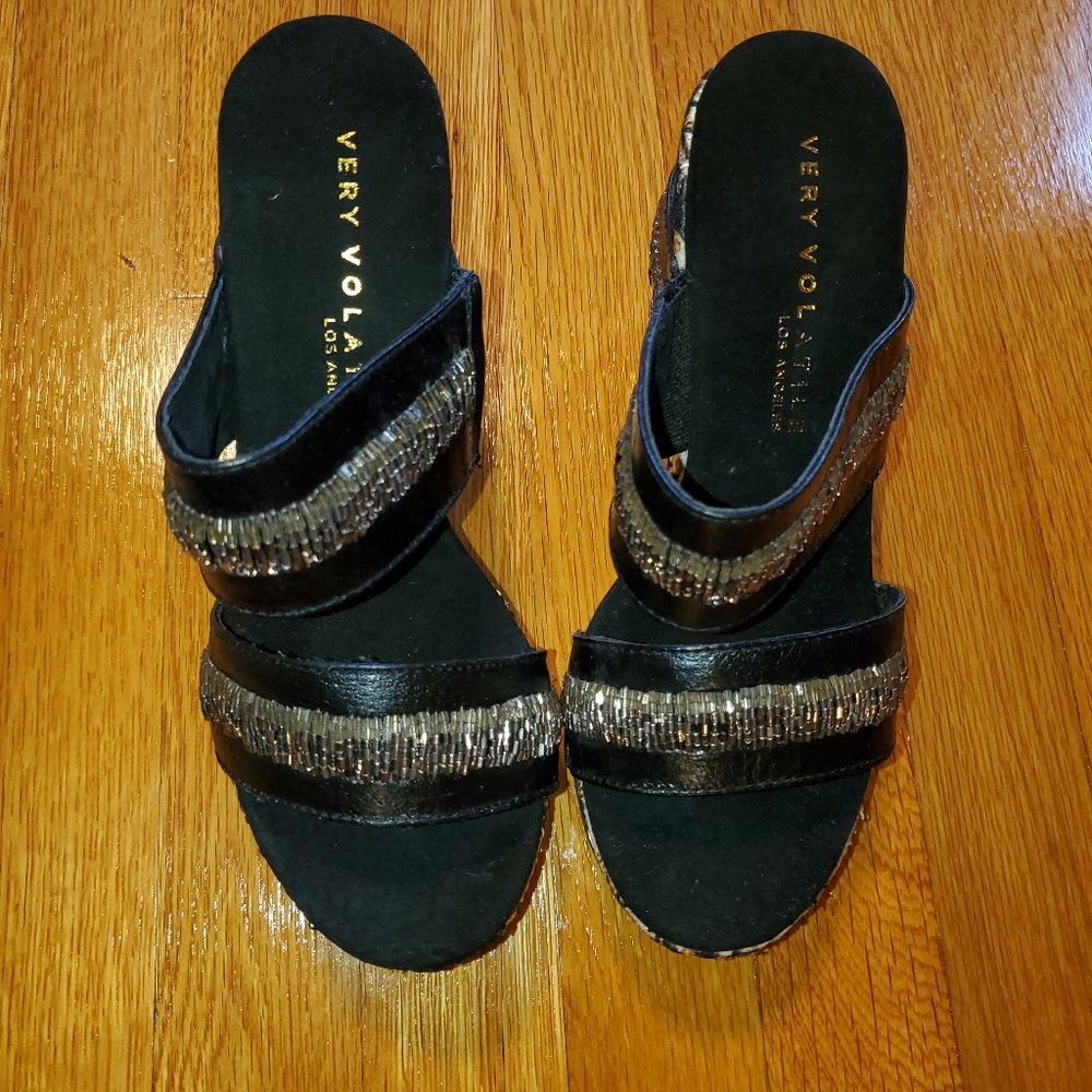 New Black Leather Beaded Wedge Sandals Sz 8